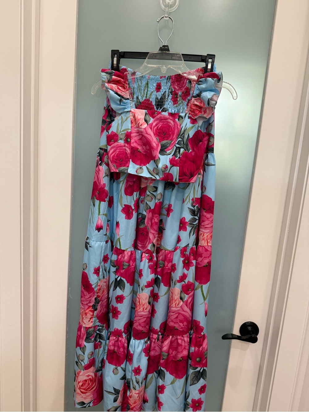 Floral Smocked Maxi Skirt - and top Pink Roses on Light Blue